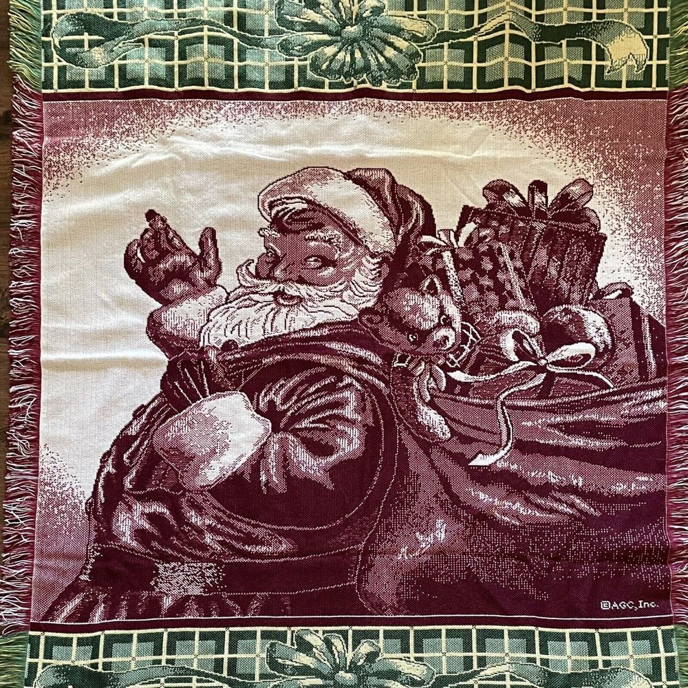 VTG Santa Claus Christmas Woven‎ Tapestry Throw Blanket Gifts Plush Tassel Trim